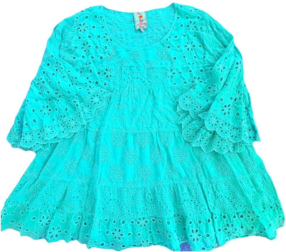 Johnny Was Womens Eyelet Detail Bell-Sleeve Tunic Top Turquoise P XXL XXL